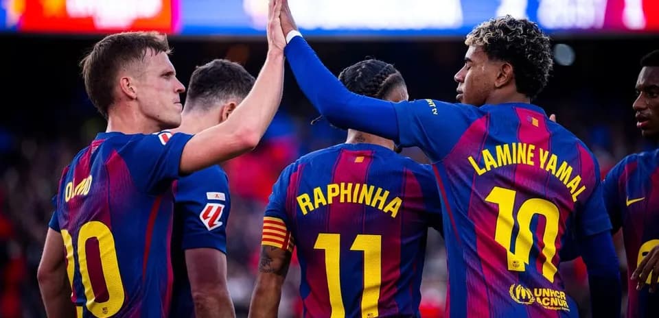 Barcelona players celebrating a goal