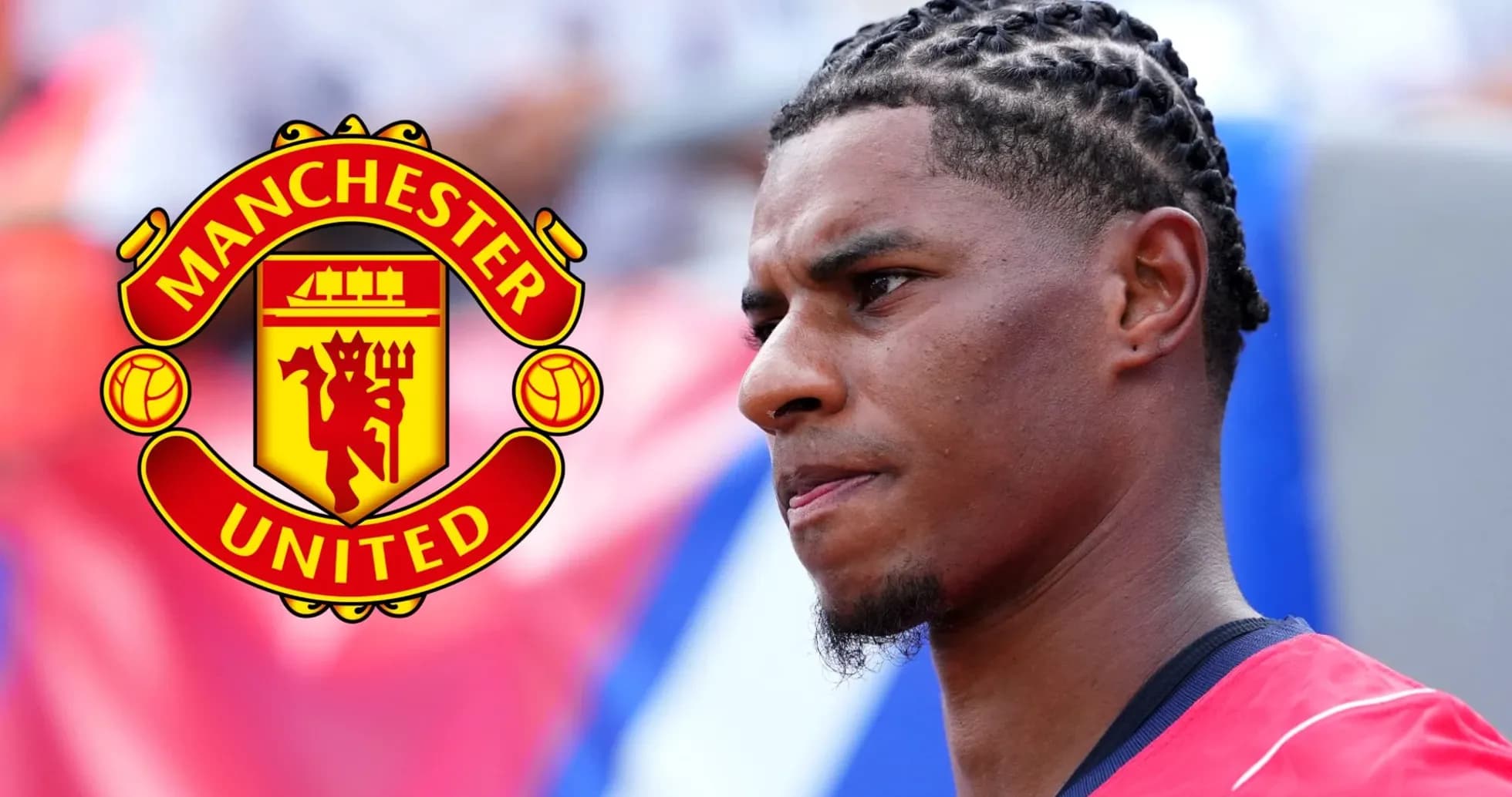 Player in Manchester United kit with logo overlay