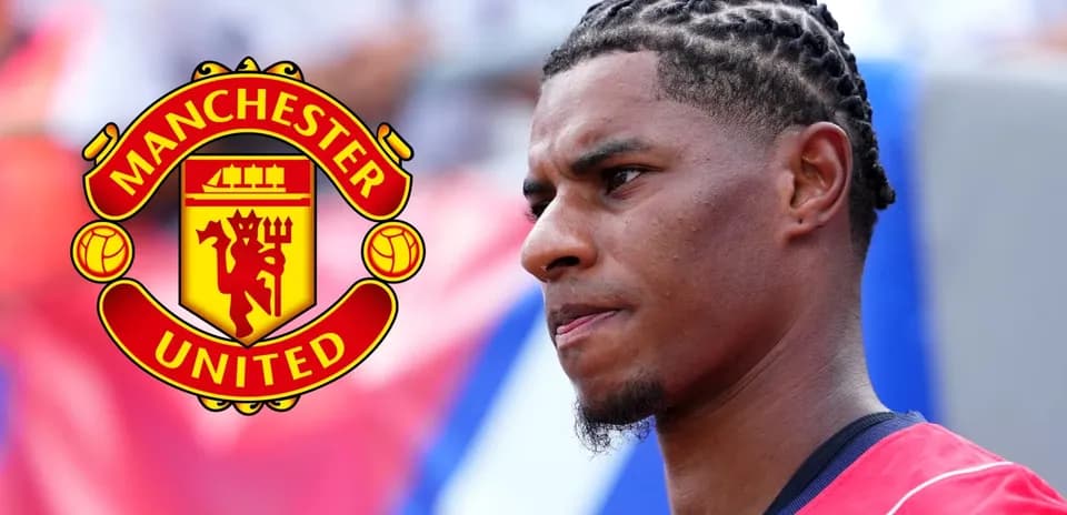 Player in Manchester United kit with logo overlay
