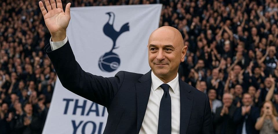 Man waving at crowd with Tottenham banner in background