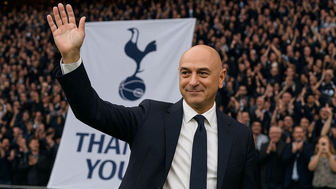 Man waving at crowd with Tottenham banner in background