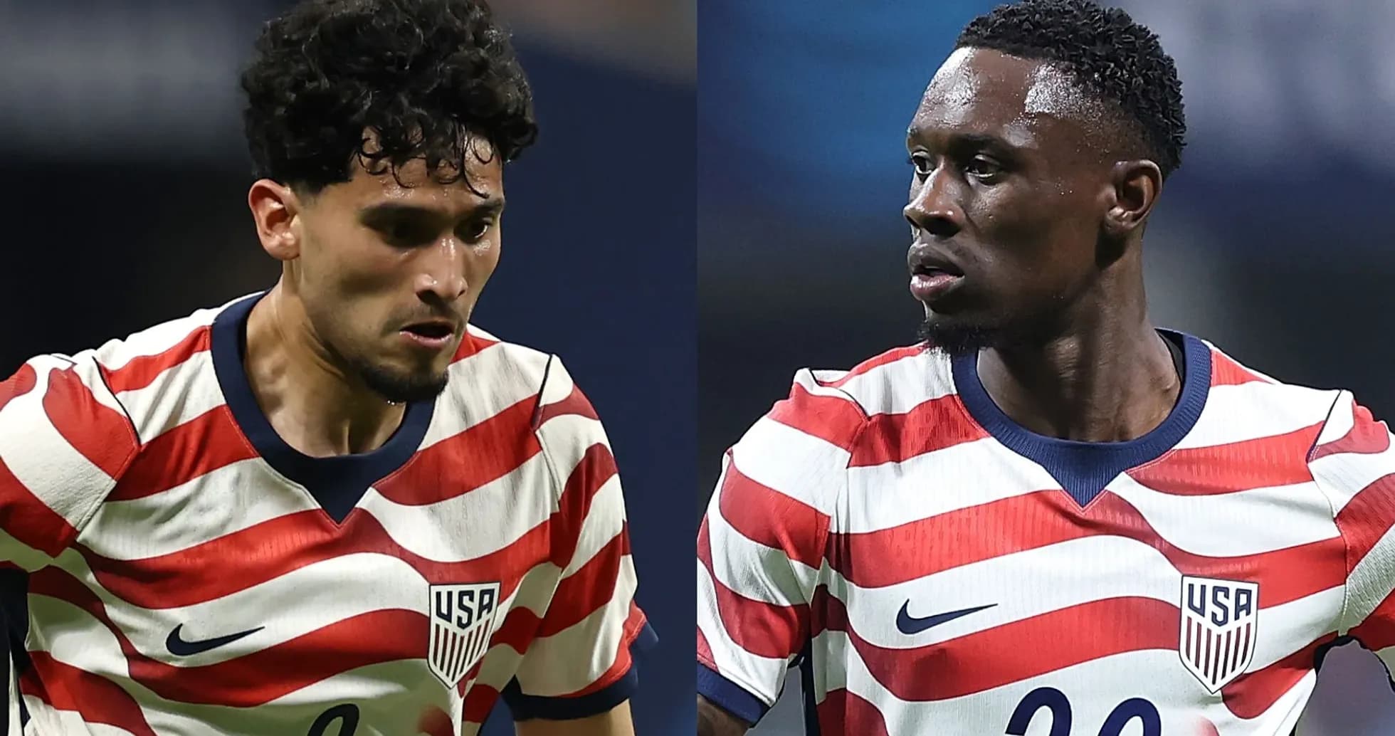 Two USA soccer players in striped jerseys during match
