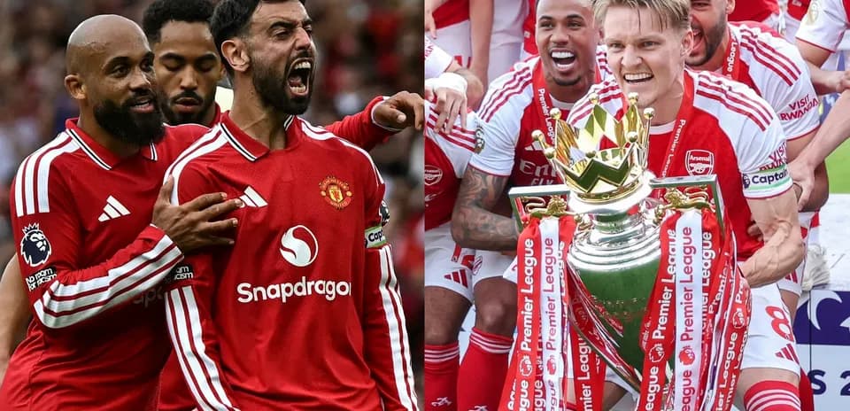 Manchester United players celebrating alongside Arsenal with trophy