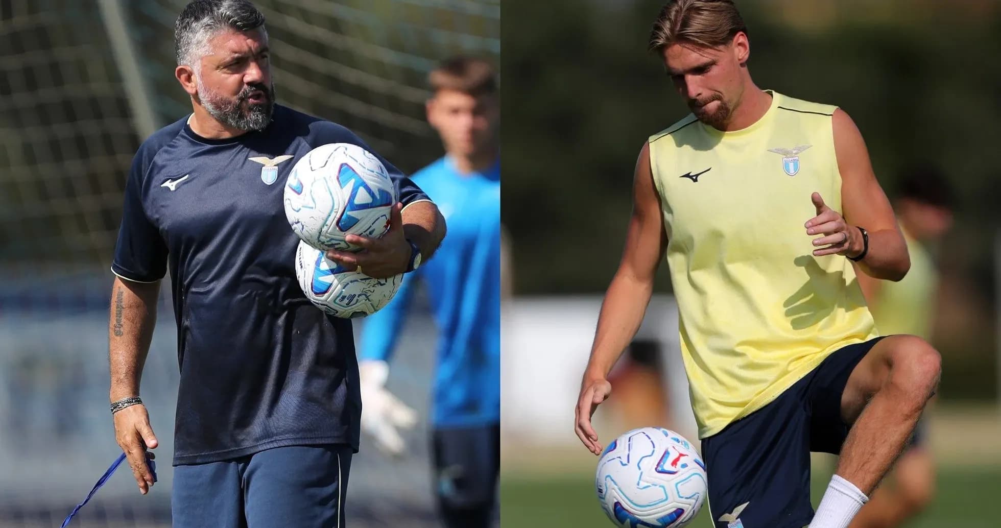 Coach holding balls during training, player juggling ball
