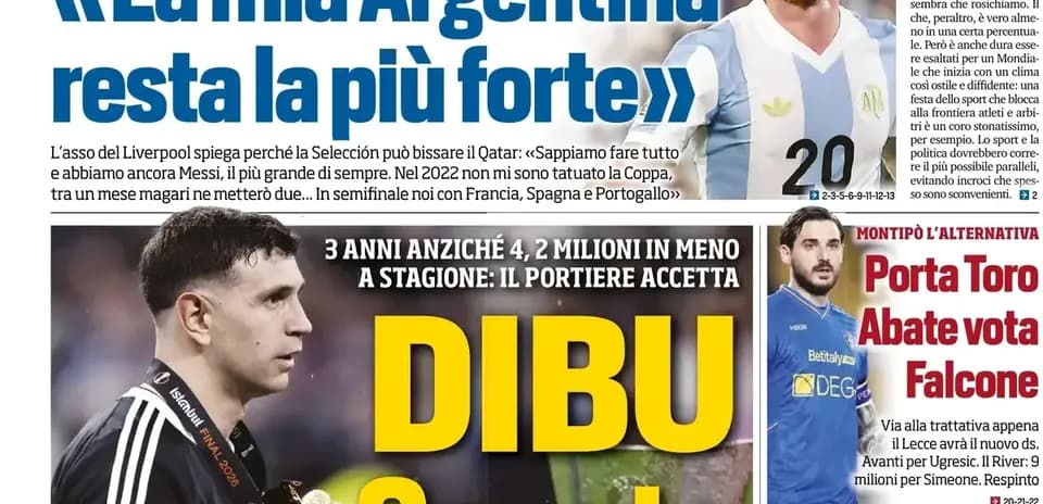 Sports newspaper featuring Argentina player and headlines