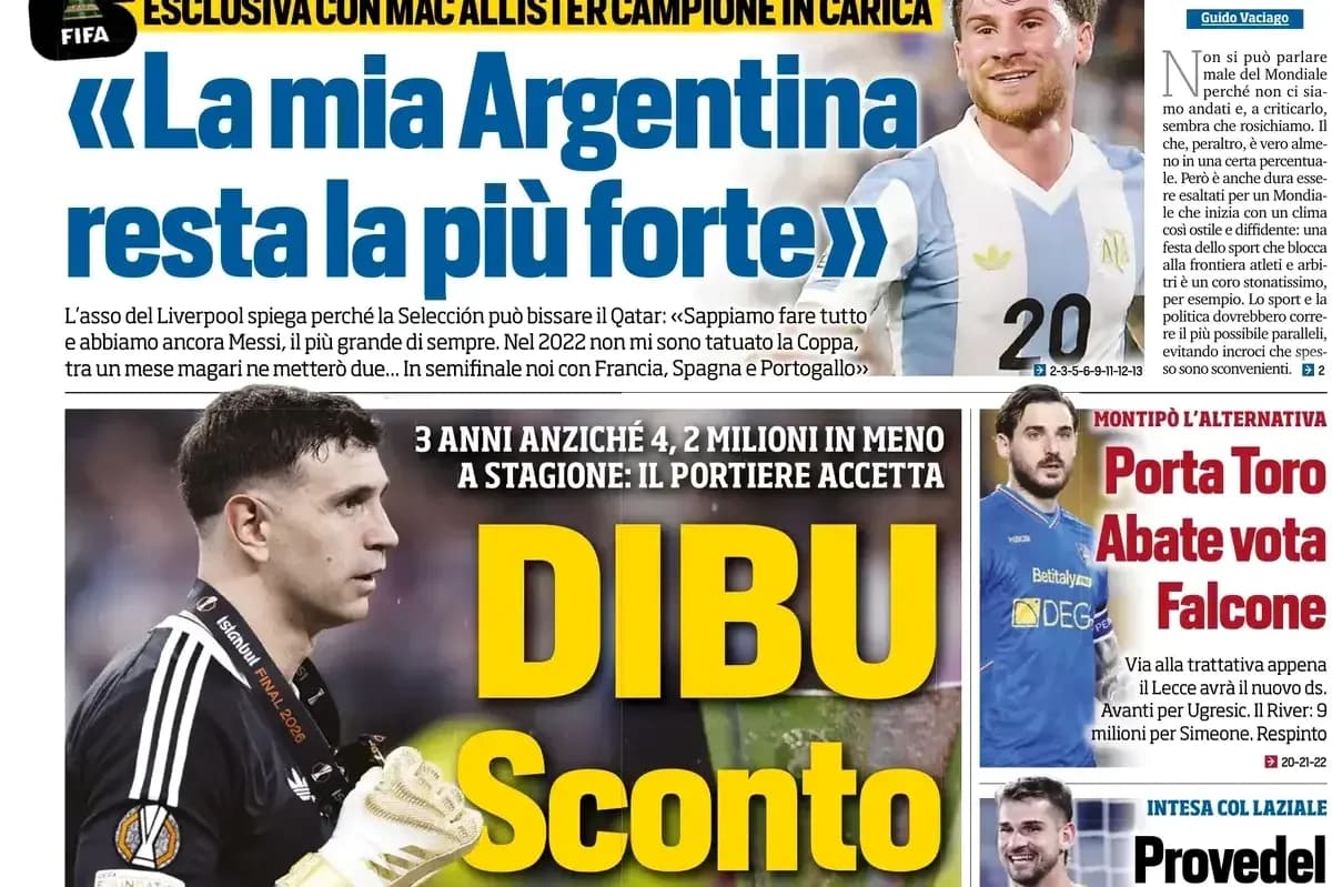 Sports newspaper featuring Argentina player and headlines
