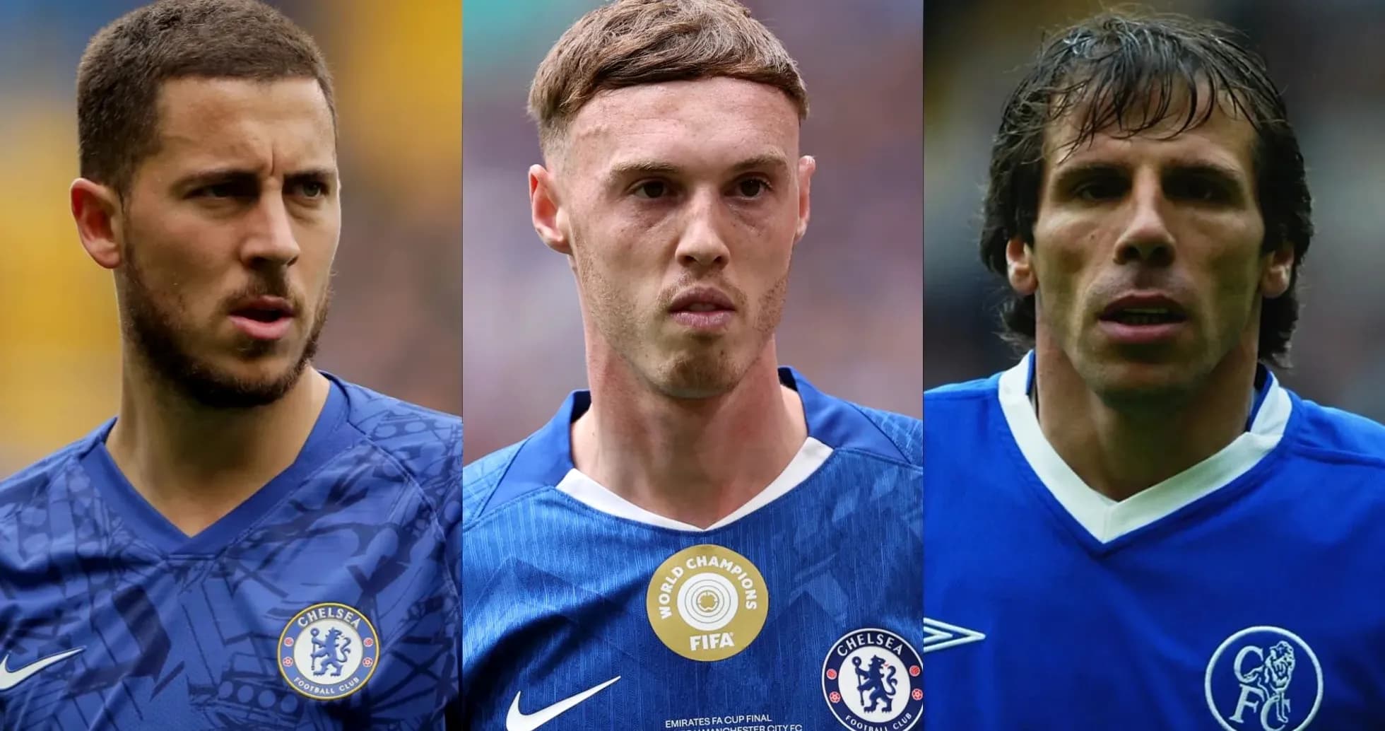 Three Chelsea players in blue kits posing together