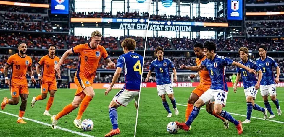 Players from Netherlands and Japan competing for the ball