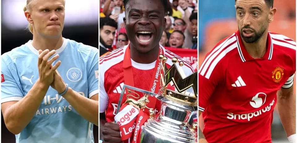 Three football players in team jerseys and trophies