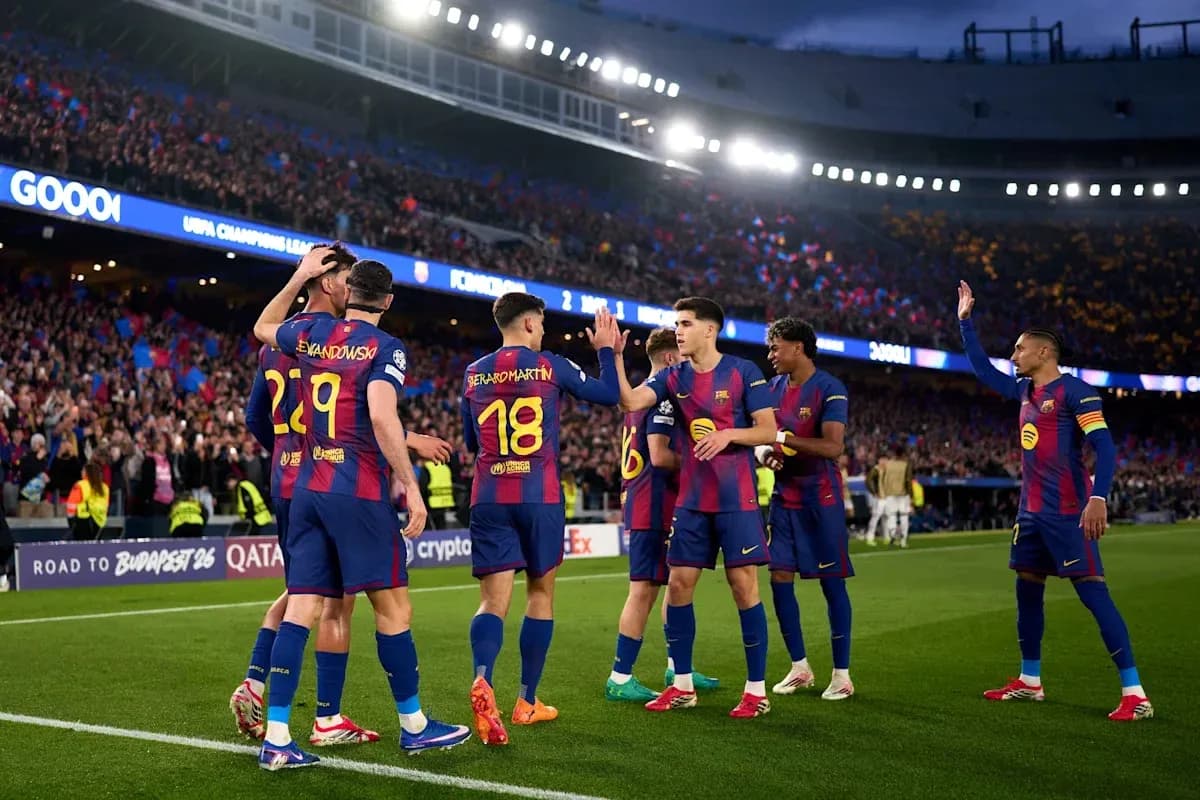 Barcelona players celebrating a goal at Camp Nou