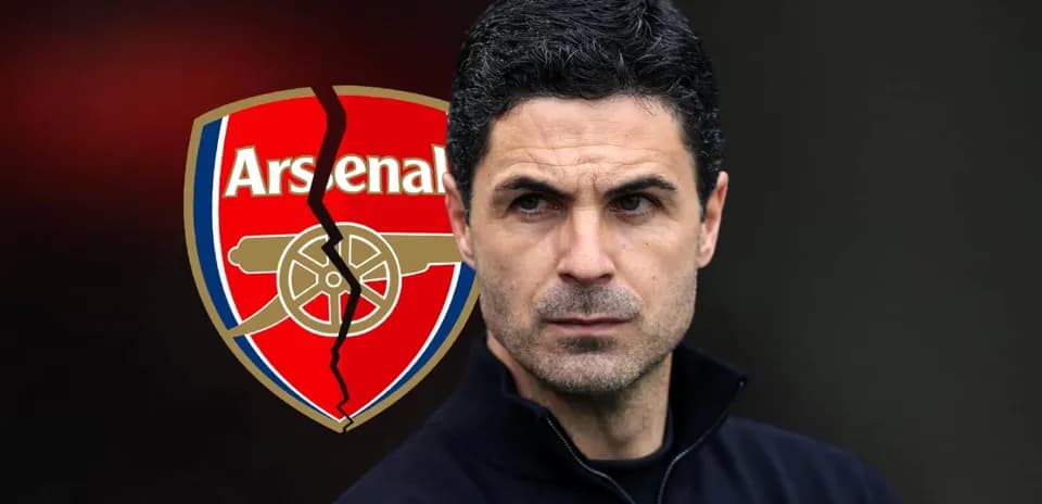Arsenal manager with broken club logo background