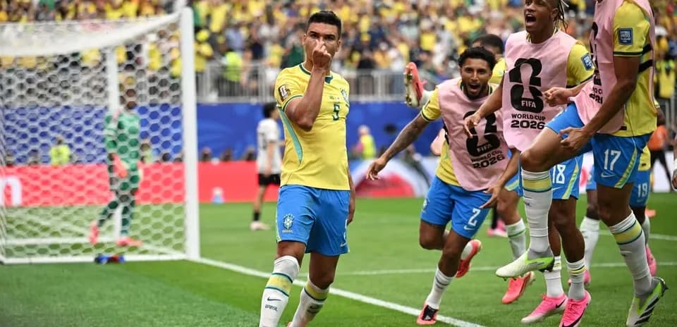Brazil players celebrating goal during World Cup match