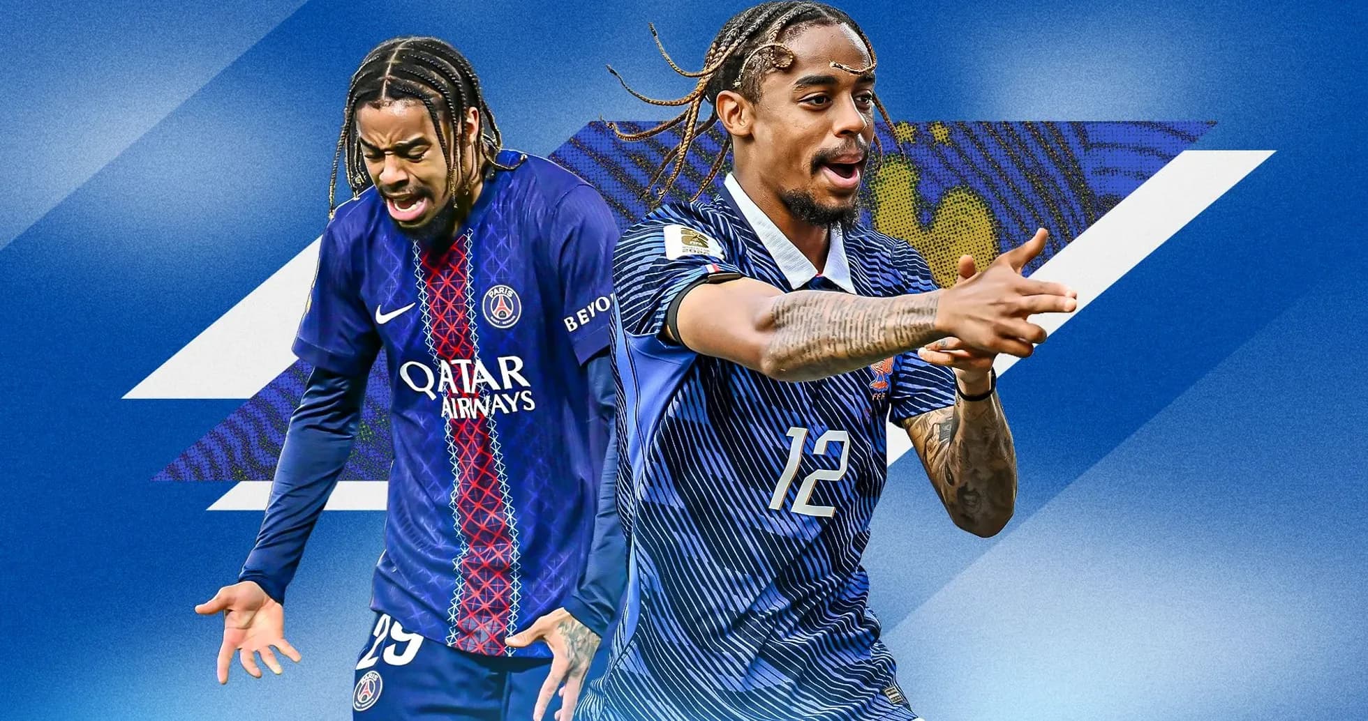 Two soccer players in team jerseys celebrating and posing