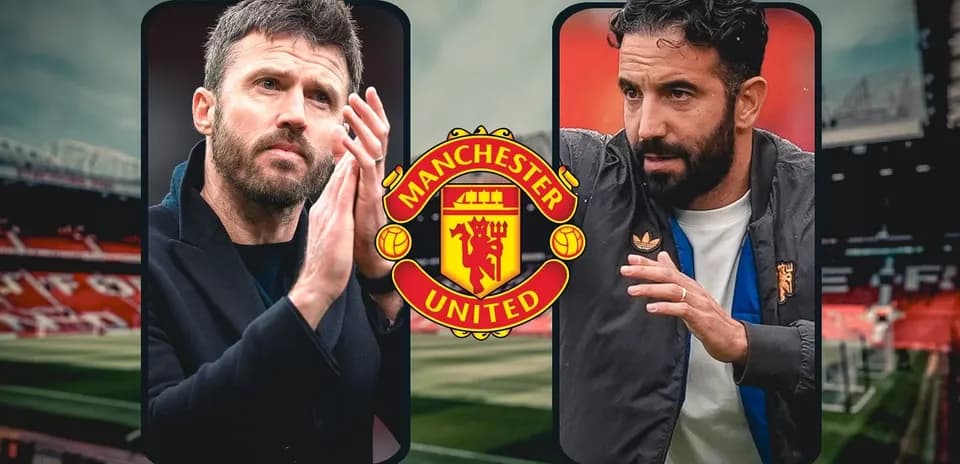 Two coaches in front of Manchester United logo