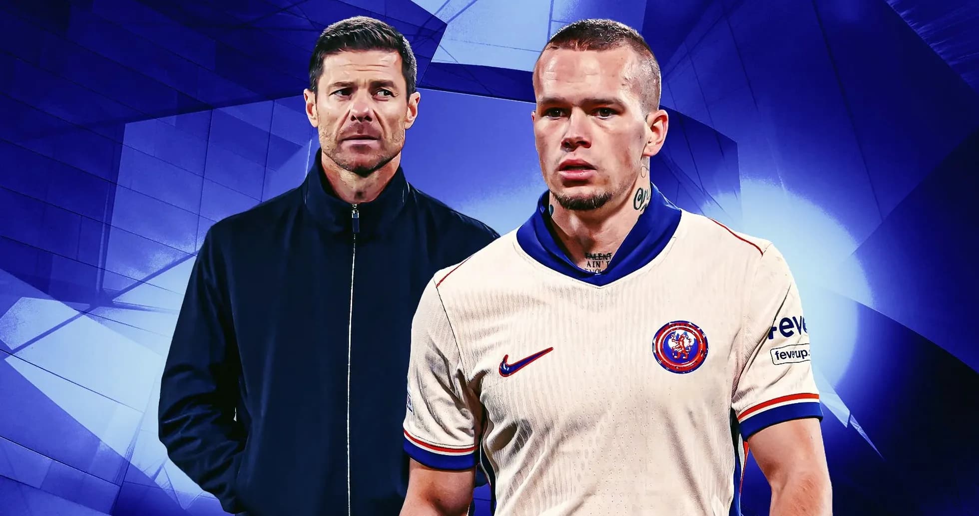 Coach and player in team kit against blue background Coach and player in team kit against blue background