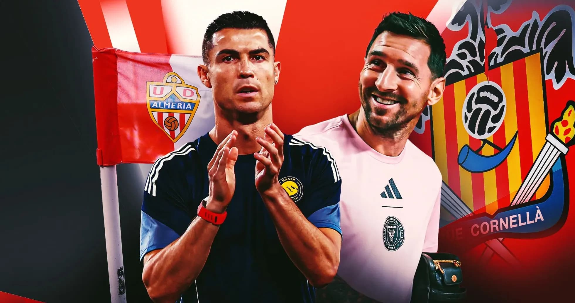 Cristiano Ronaldo and goalkeeper smiling in front of logos Cristiano Ronaldo and goalkeeper smiling in front of logos