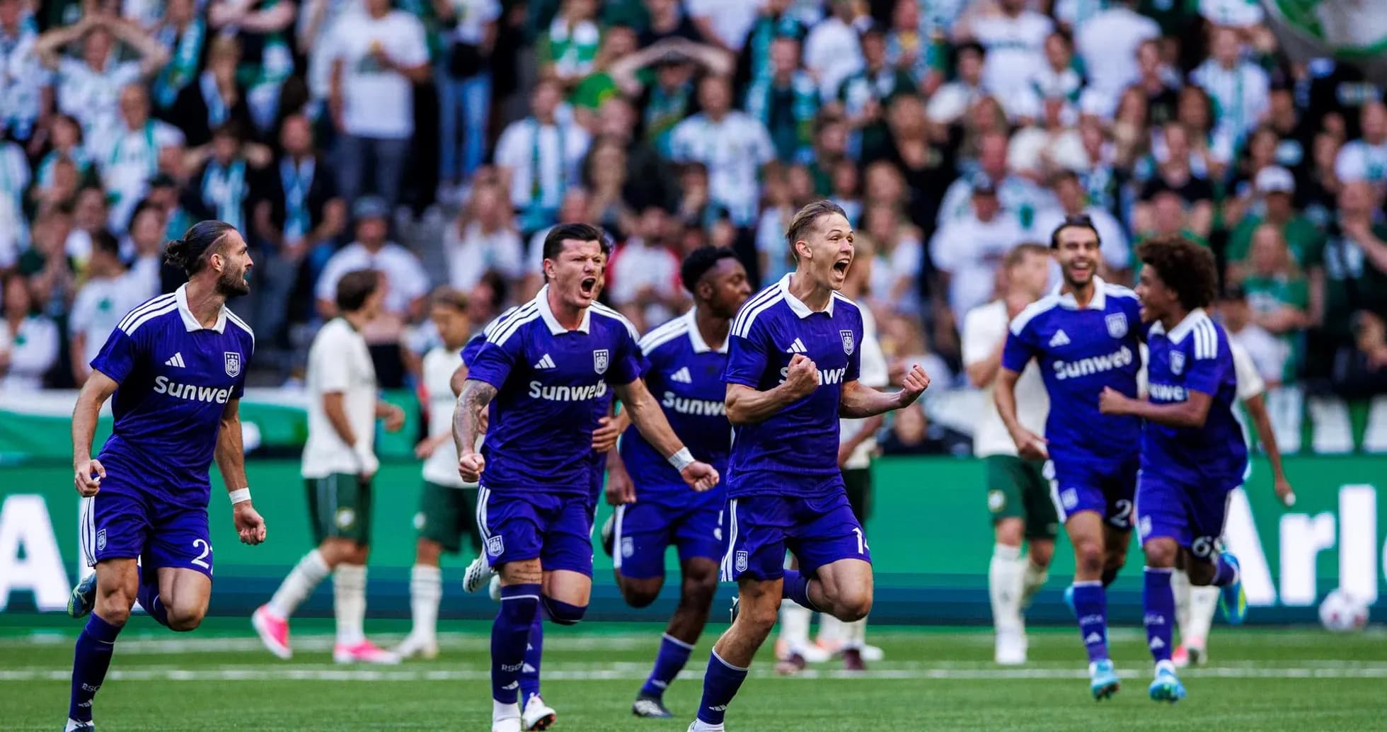 Anderlecht players celebrating a goal during match Anderlecht players celebrating a goal during match