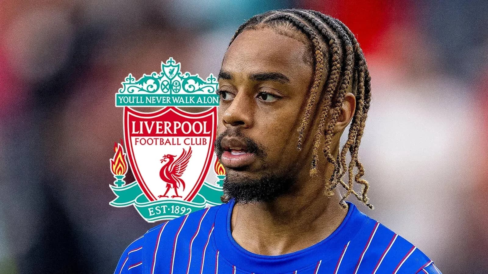 Player in blue jersey with Liverpool logo background Player in blue jersey with Liverpool logo background