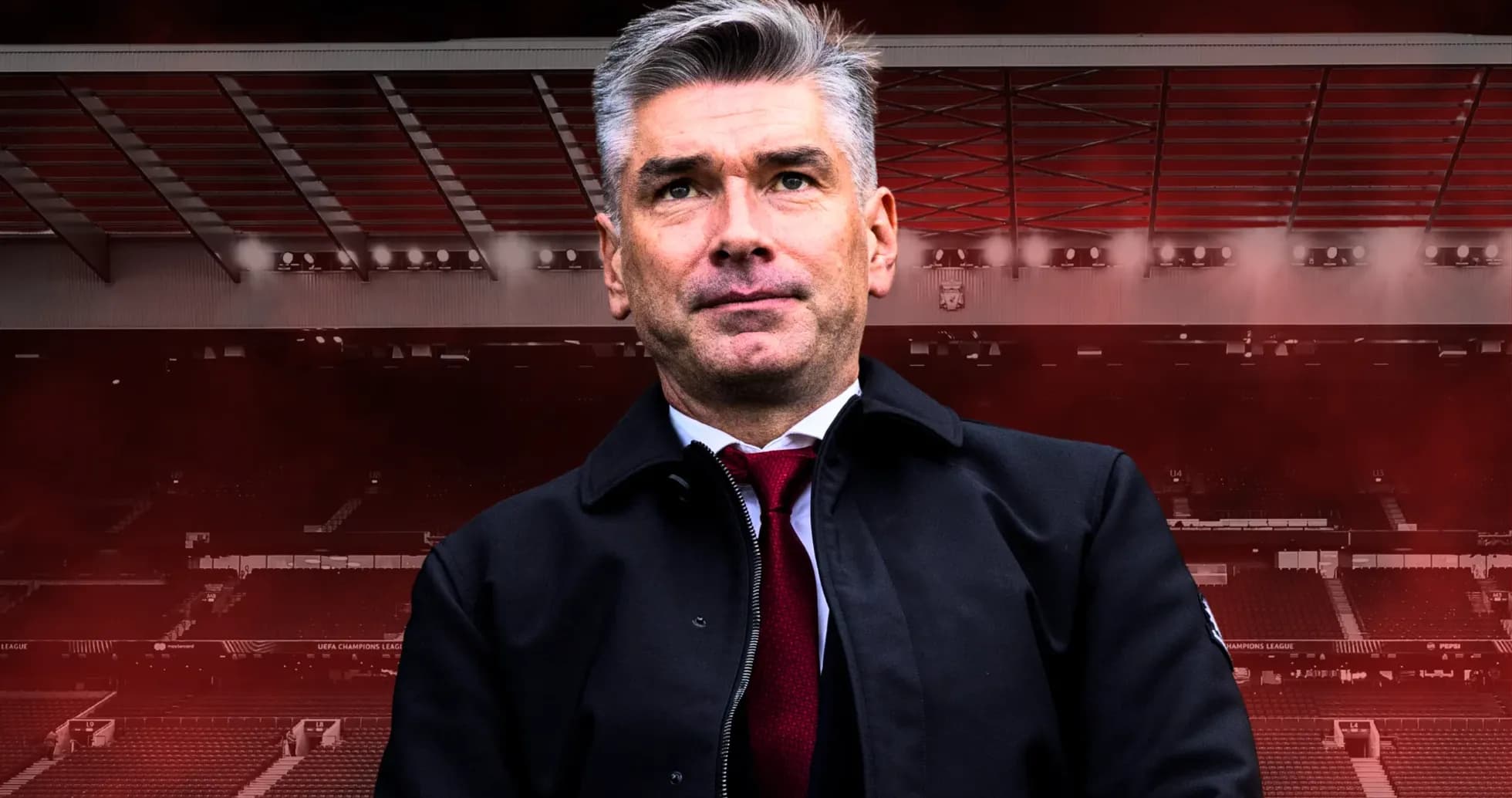 Manager standing in stadium with red background Manager standing in stadium with red background