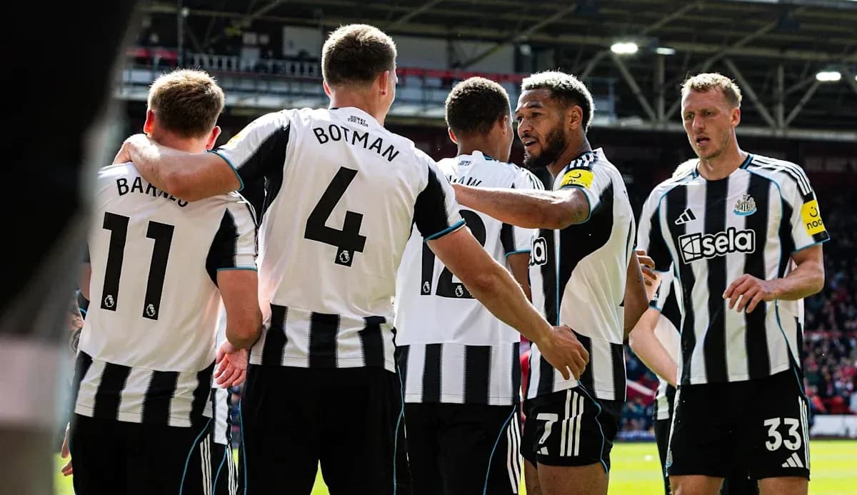 Newcastle players celebrating together on the pitch Newcastle players celebrating together on the pitch