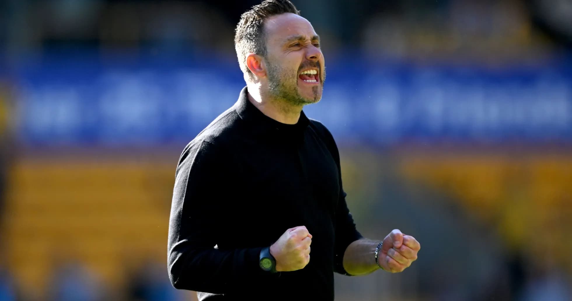 Manager celebrating with clenched fists on the sidelines Manager celebrating with clenched fists on the sidelines