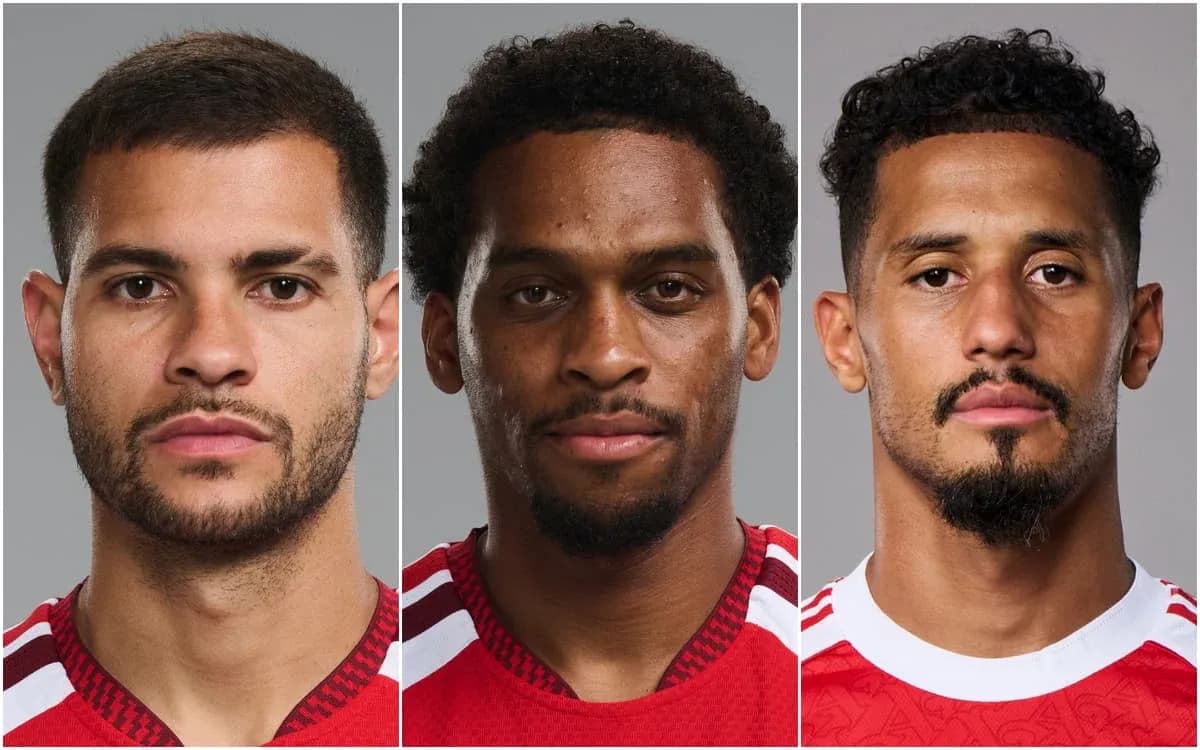 Three players posing for headshots in red jerseys Three players posing for headshots in red jerseys