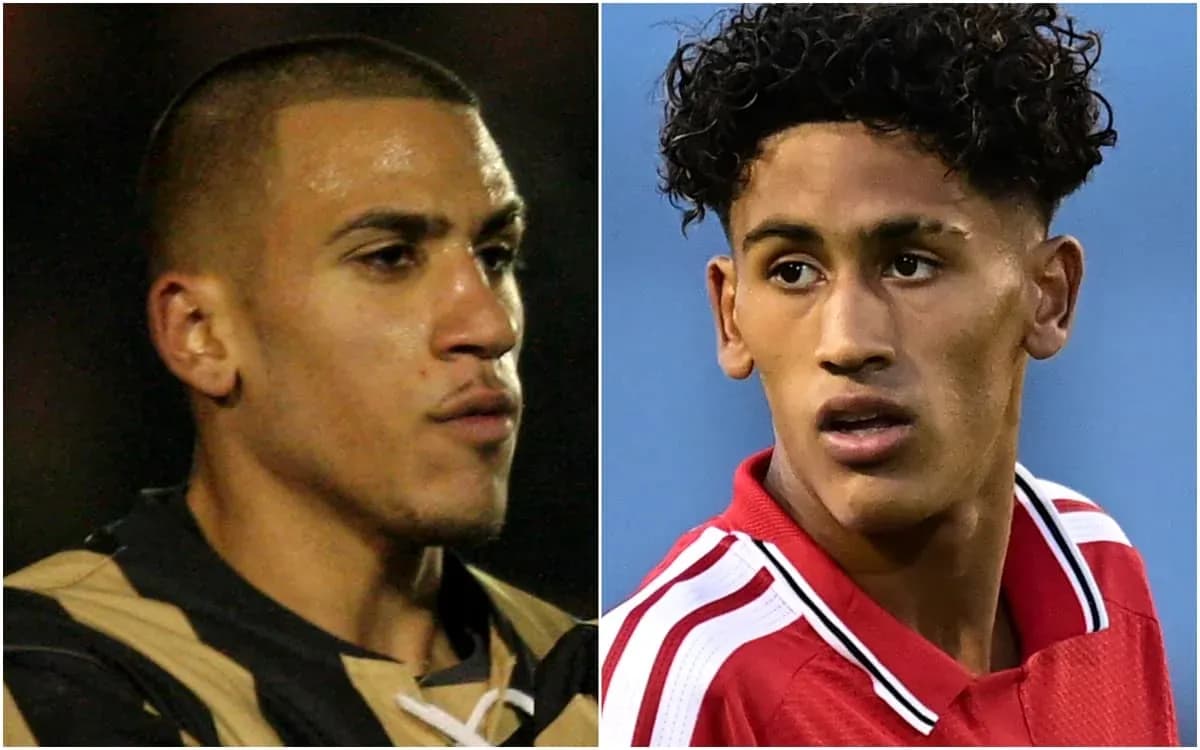 Two football players in headshot portraits Two football players in headshot portraits