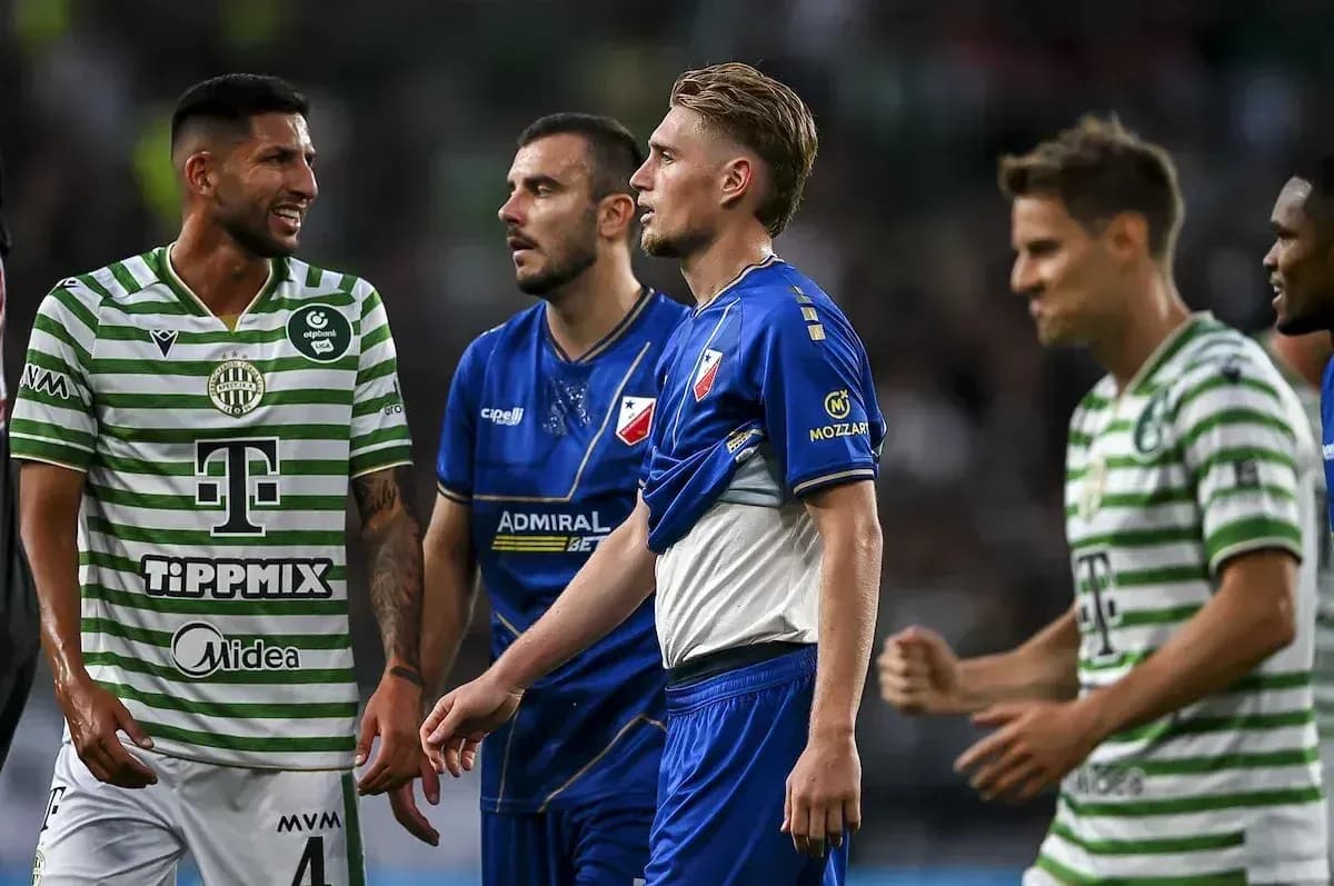 Players interacting during Ferencvarosi TC vs Vojvodina match Players interacting during Ferencvarosi TC vs Vojvodina match