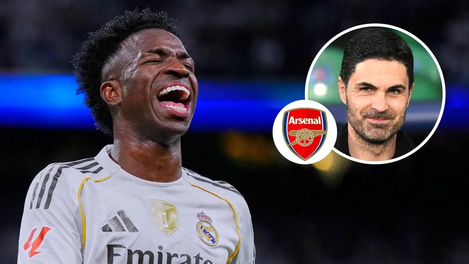 Vinicius Jr. celebrating with Arsenal logo and Mikel Arteta Vinicius Jr. celebrating with Arsenal logo and Mikel Arteta