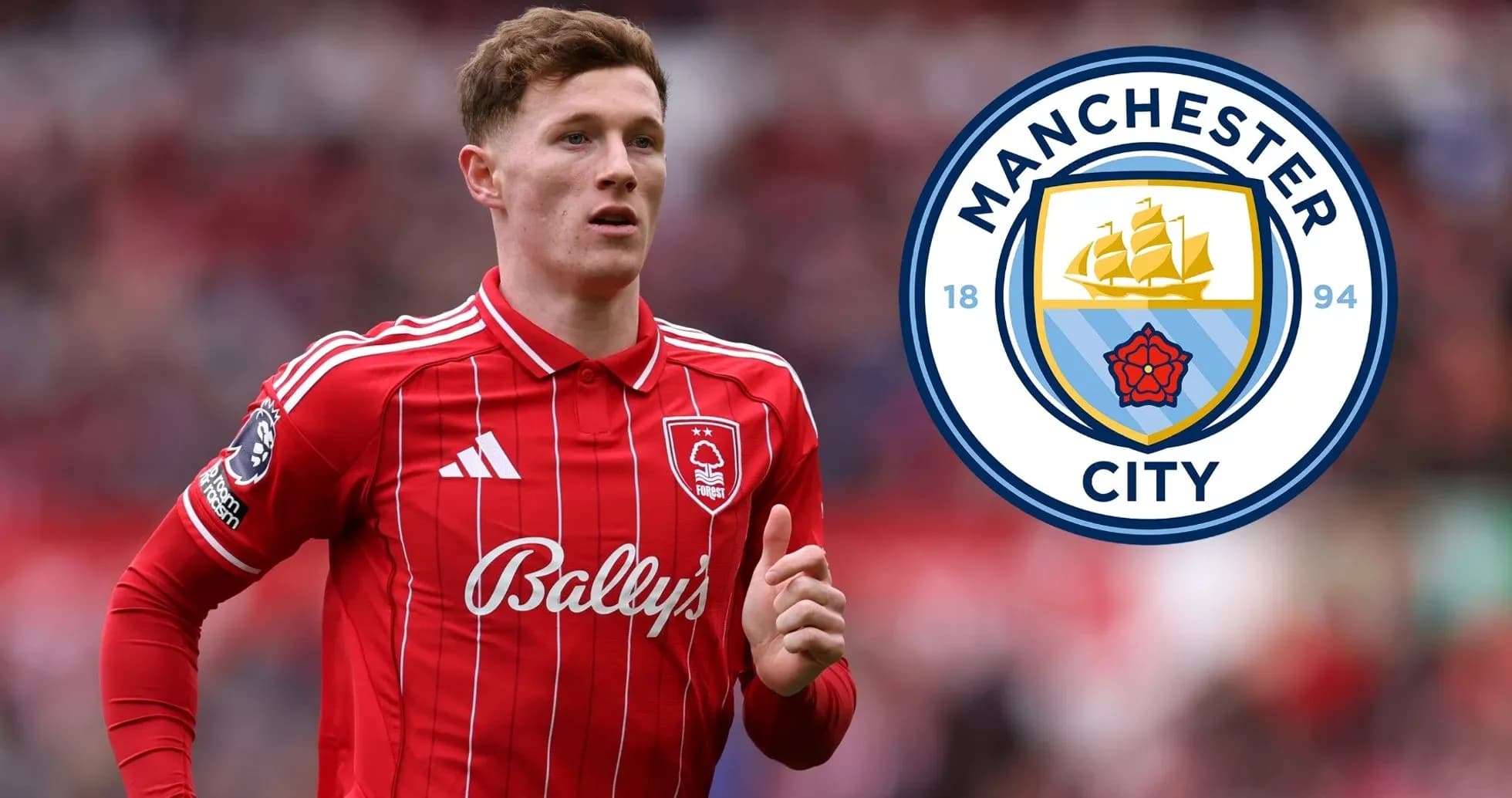 Player in red kit with Manchester City logo background Player in red kit with Manchester City logo background