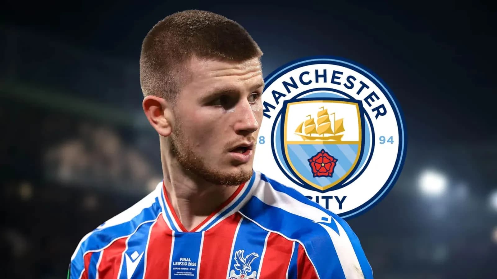 Player wearing Crystal Palace jersey with Manchester City logo Player wearing Crystal Palace jersey with Manchester City logo