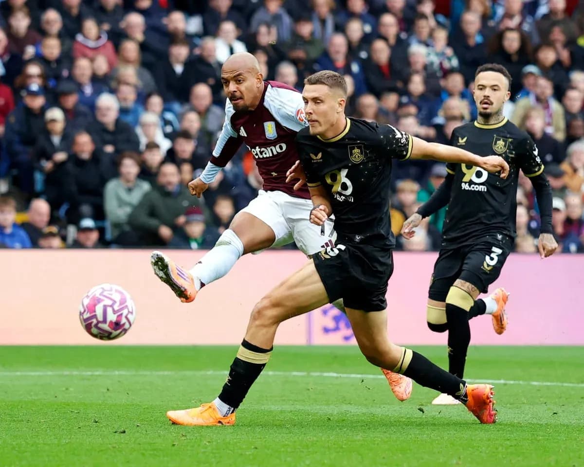 Aston Villa player striking the ball against Burnley Aston Villa player striking the ball against Burnley