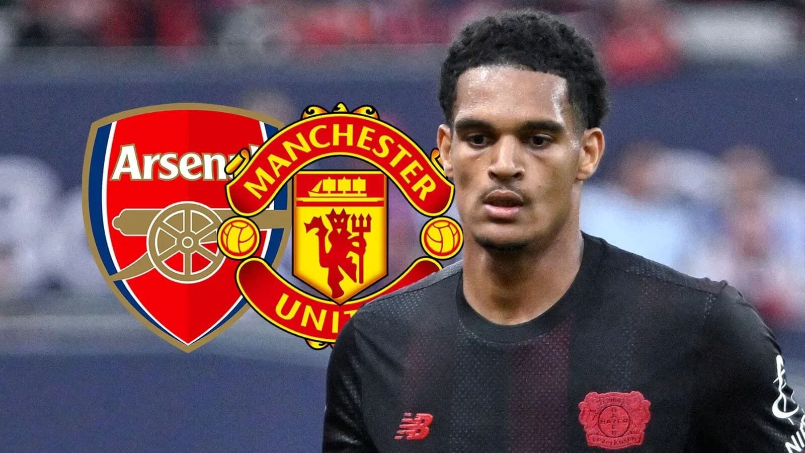 Player in black kit with Arsenal and Manchester United logos Player in black kit with Arsenal and Manchester United logos
