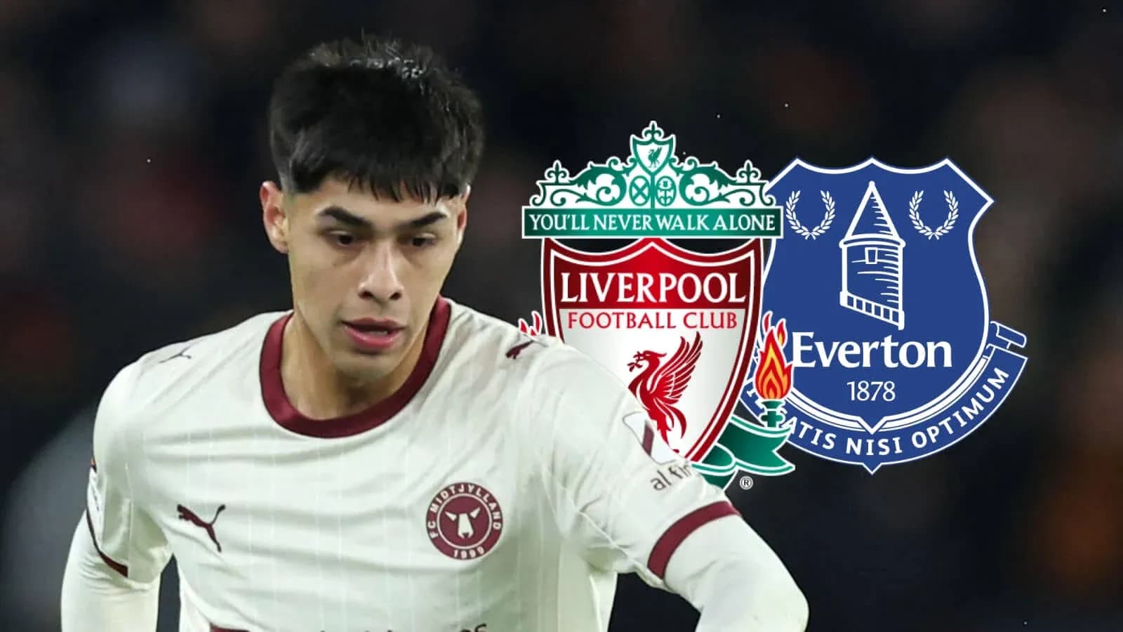 Player in action with club logos of Liverpool and Everton Player in action with club logos of Liverpool and Everton