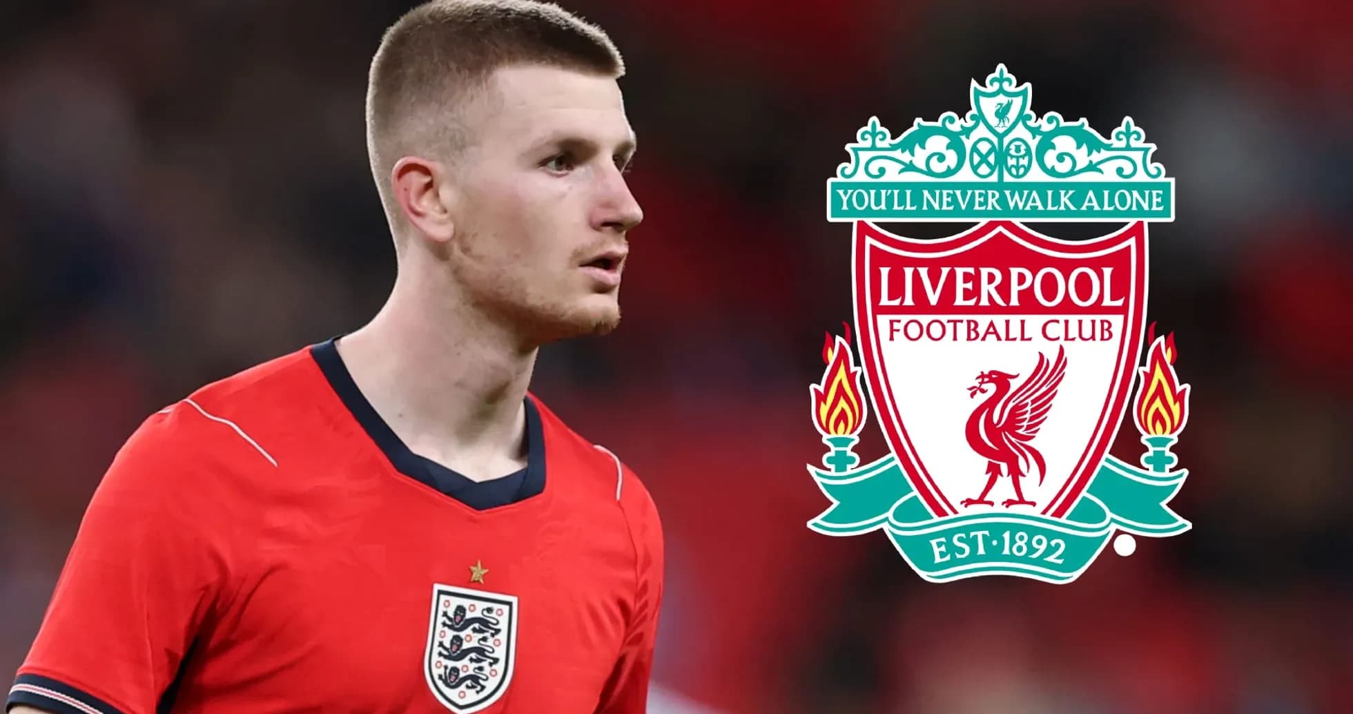 Player in England kit with Liverpool logo in background Player in England kit with Liverpool logo in background