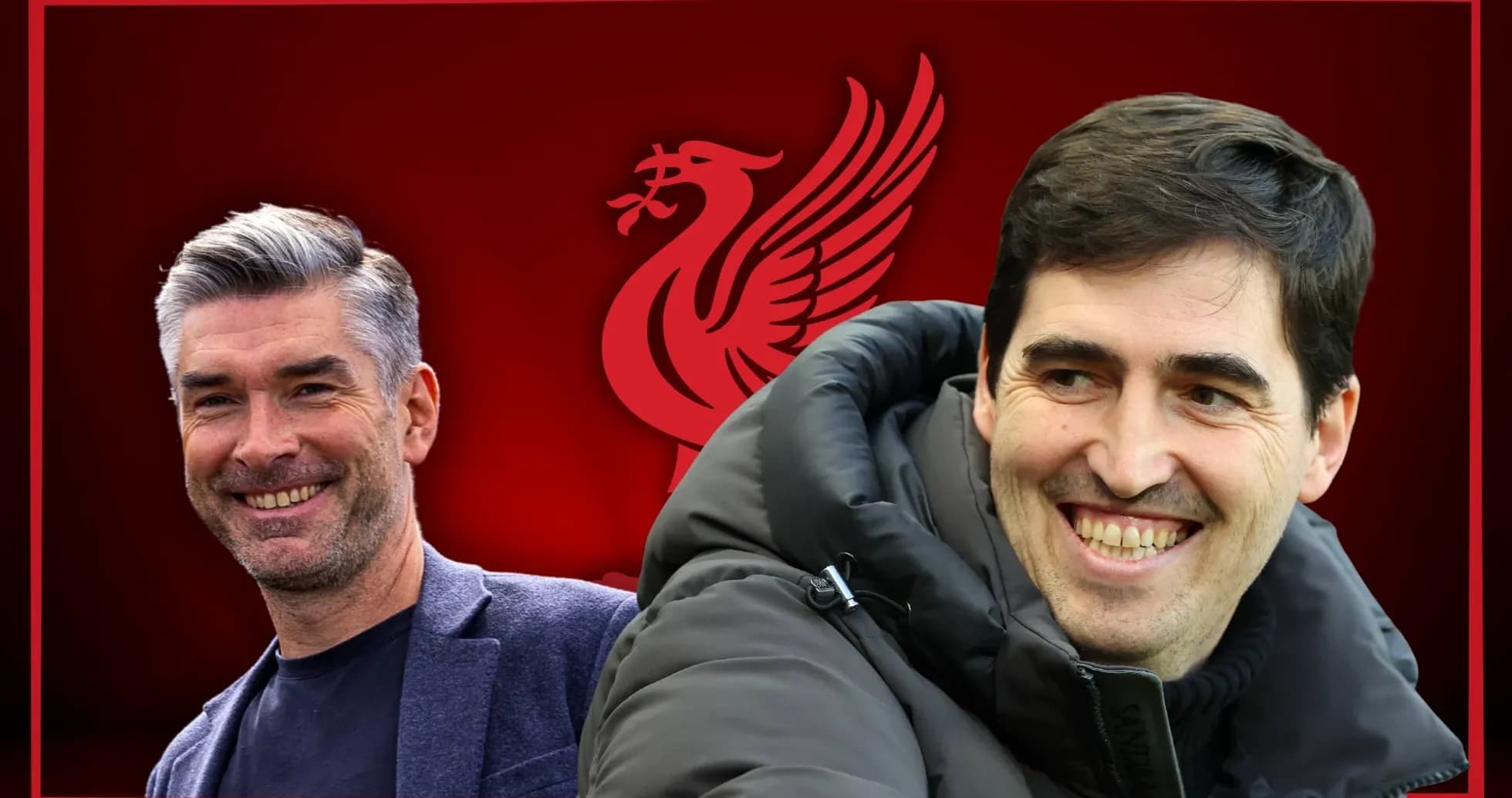 Two smiling football coaches with Liverpool logo background Two smiling football coaches with Liverpool logo background