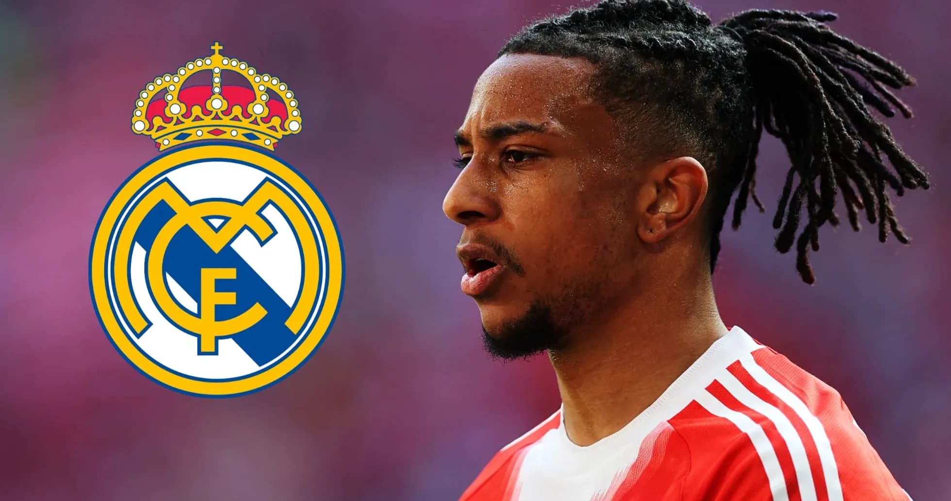 Player in red jersey with Real Madrid logo overlay Player in red jersey with Real Madrid logo overlay