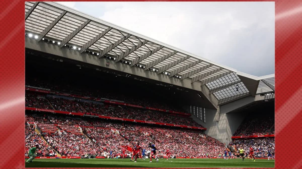 View of Anfield stadium filled with fans View of Anfield stadium filled with fans