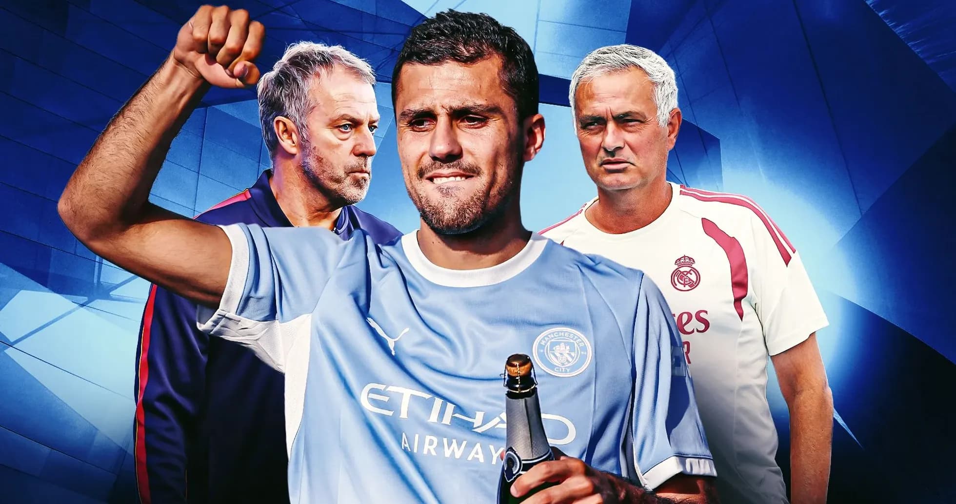 Three football figures with Manchester City and Real Madrid logos Three football figures with Manchester City and Real Madrid logos