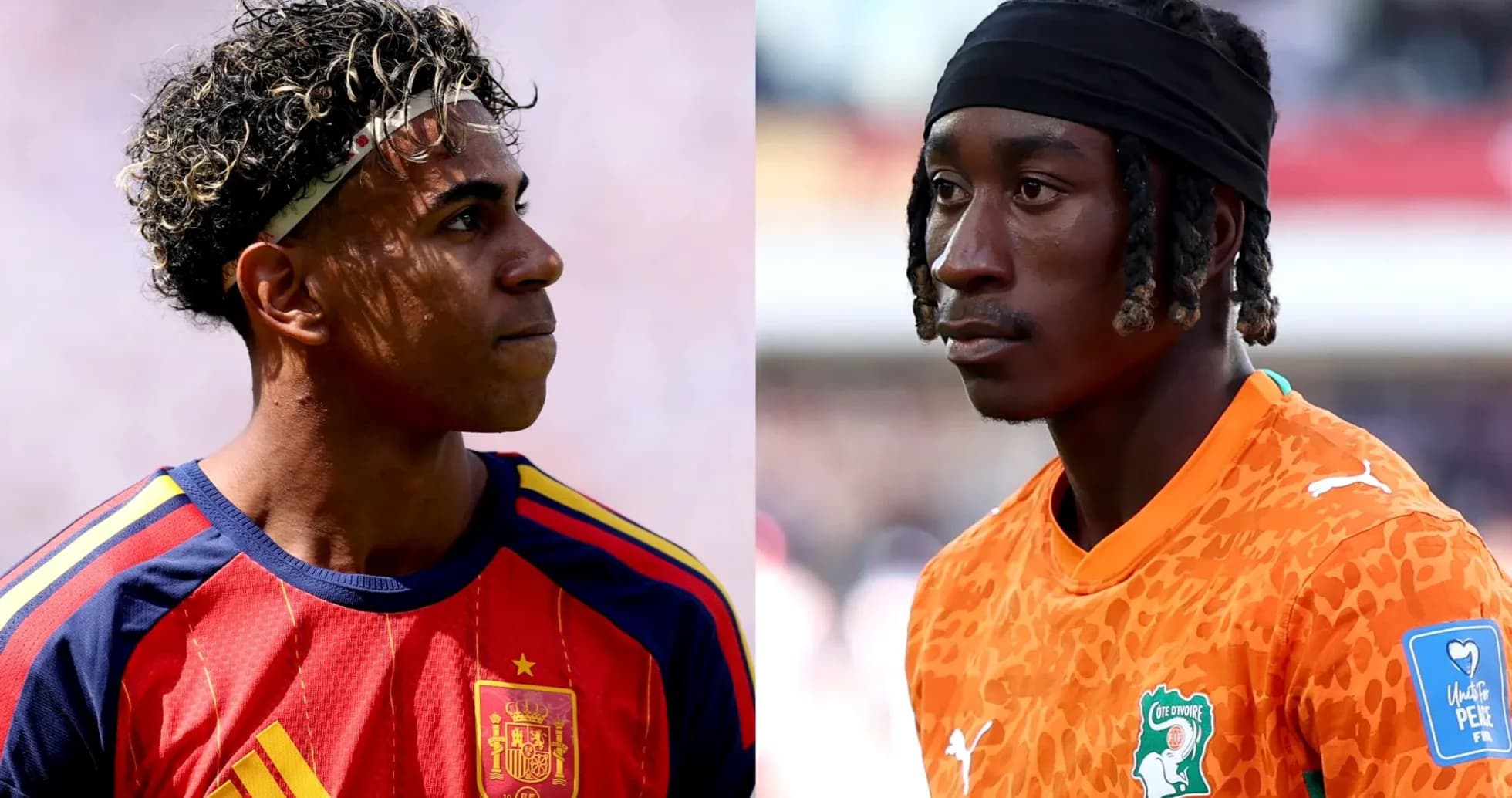 Two soccer players in national team jerseys facing each other Two soccer players in national team jerseys facing each other