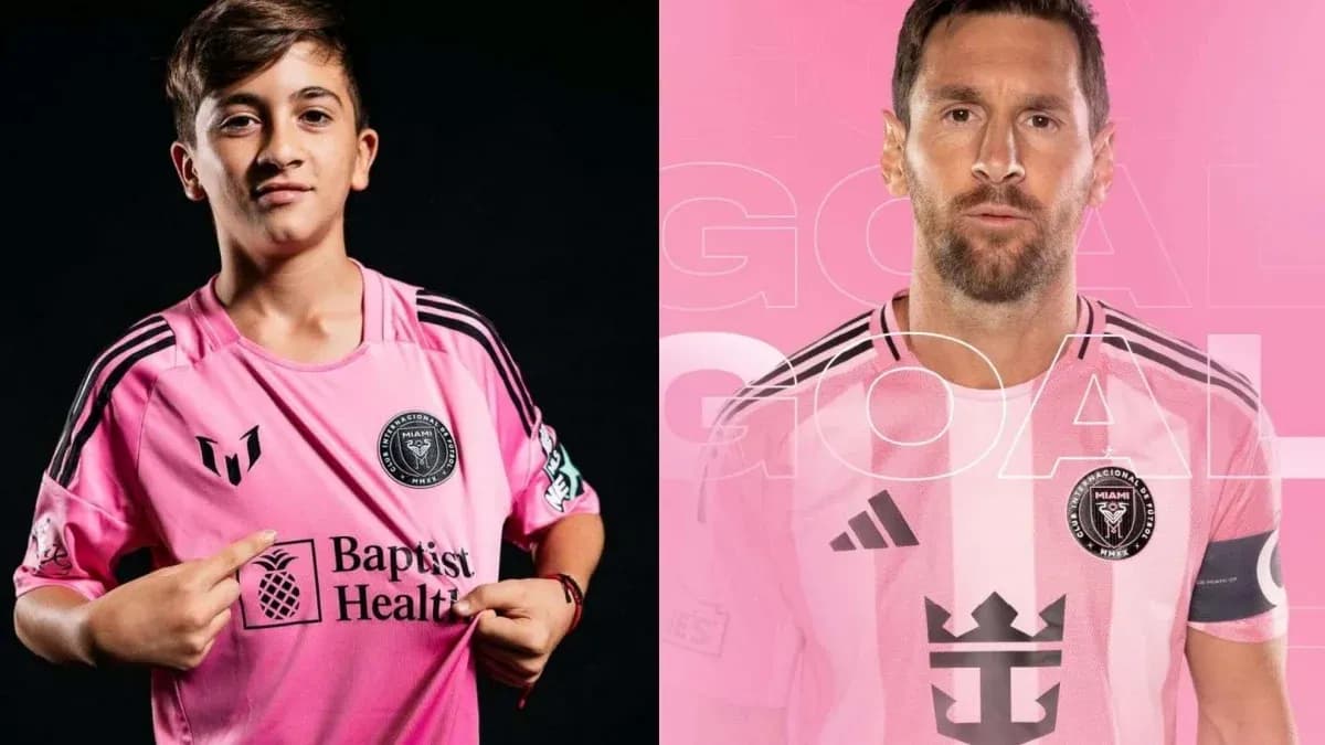 Young player and Lionel Messi in Inter Miami jerseys Young player and Lionel Messi in Inter Miami jerseys
