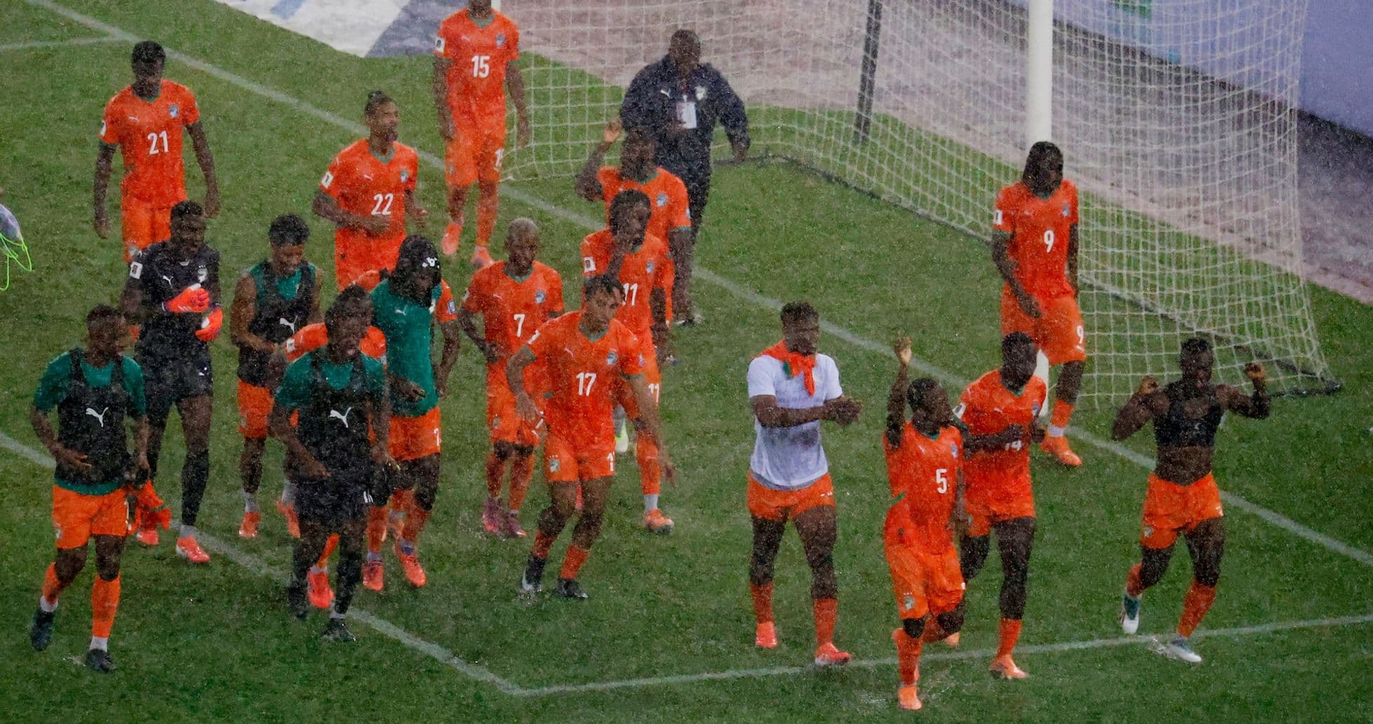 Ivory Coast players celebrating during World Cup match Ivory Coast players celebrating during World Cup match