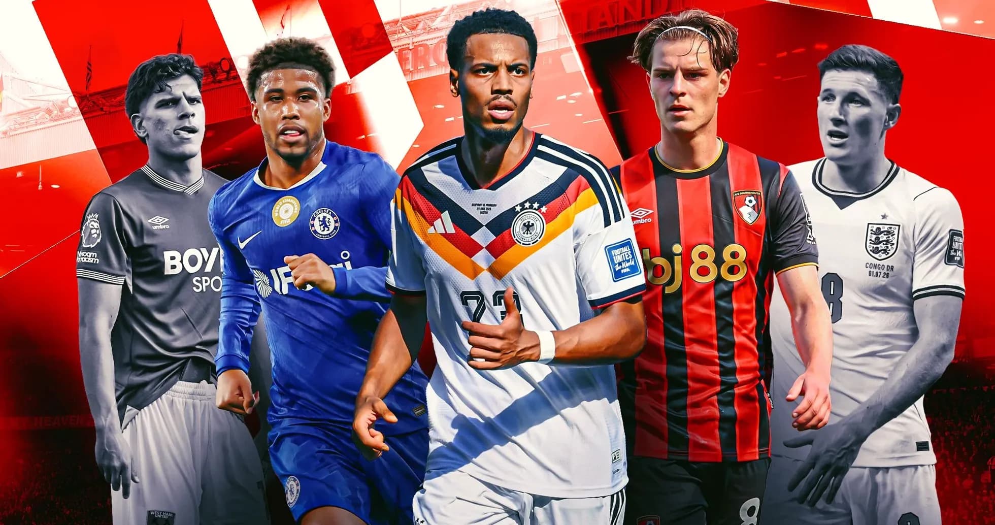 Five soccer players in team kits against a red background Five soccer players in team kits against a red background