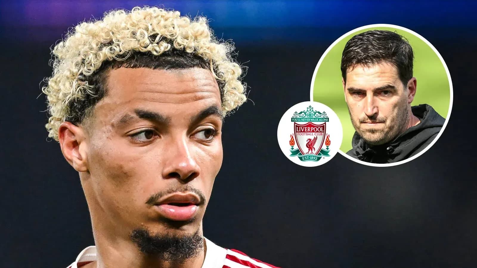 Player with curly hair and Liverpool logo in background Player with curly hair and Liverpool logo in background