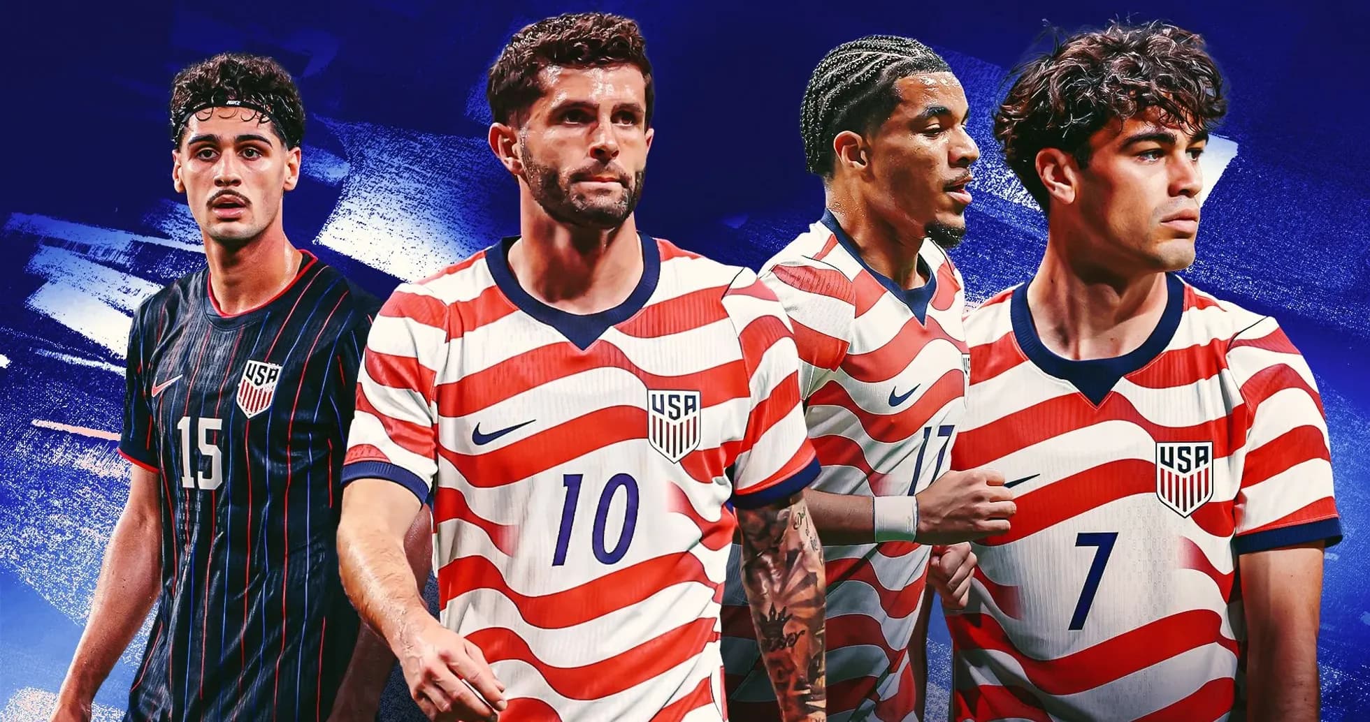 Four US soccer players in striped jerseys Four US soccer players in striped jerseys