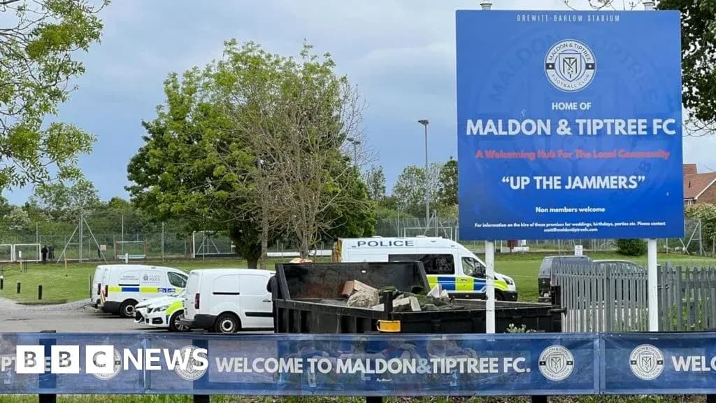 Sign for Maldon & Tiptree FC outside stadium Sign for Maldon & Tiptree FC outside stadium