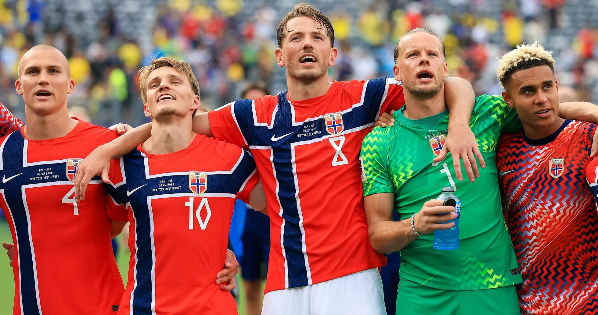 Norwegian players celebrating after a match together Norwegian players celebrating after a match together