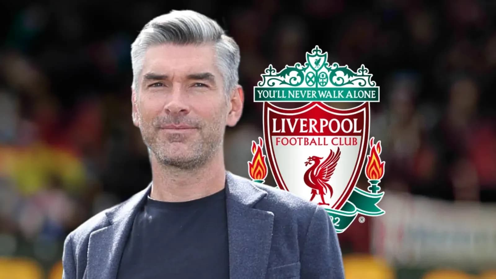 Man in front of Liverpool FC logo backdrop Man in front of Liverpool FC logo backdrop