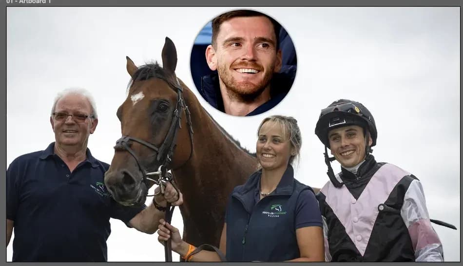 Trainer, jockey, and assistant with racehorse outdoors Trainer, jockey, and assistant with racehorse outdoors