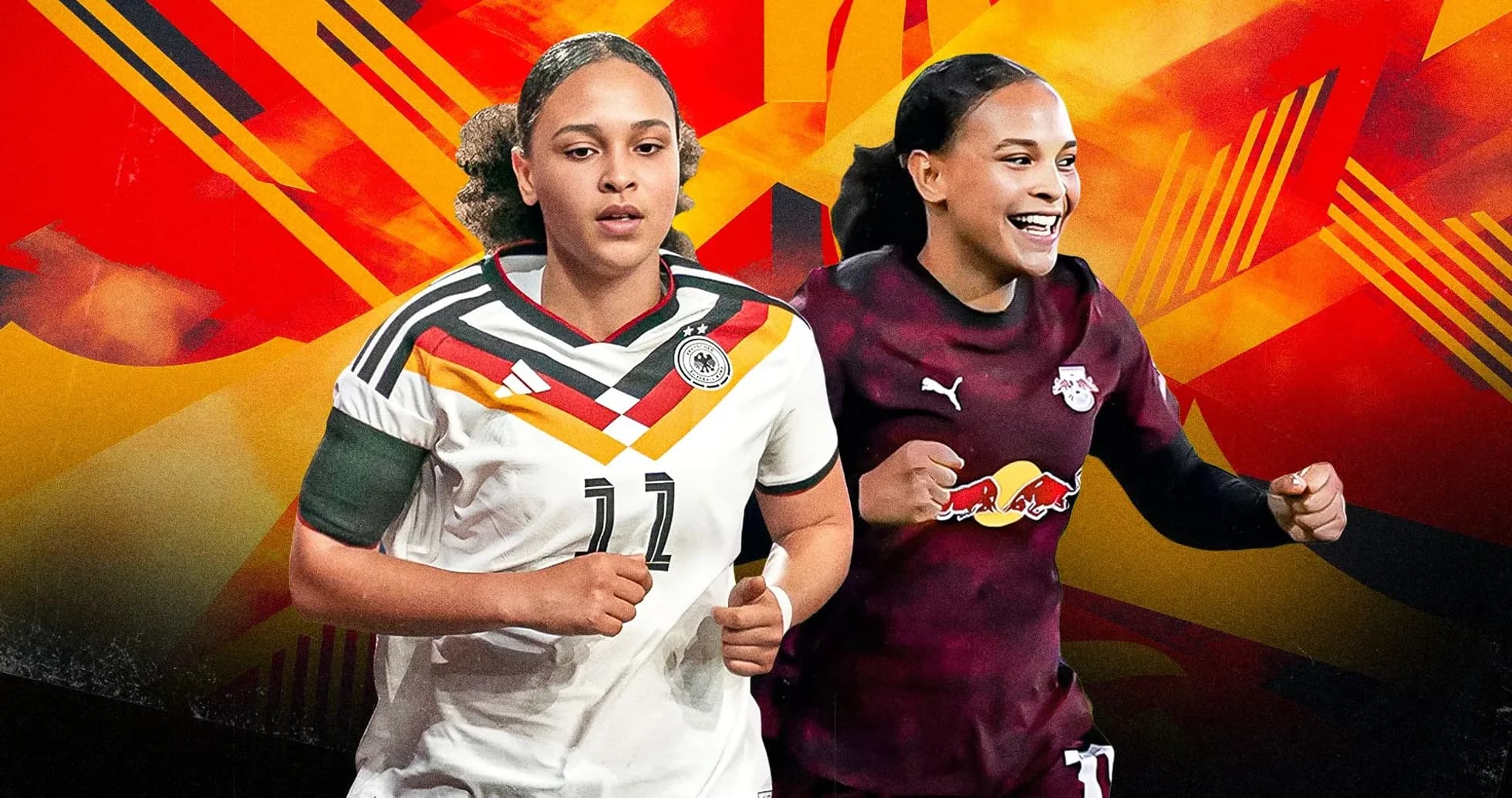 Two female soccer players in team jerseys Two female soccer players in team jerseys